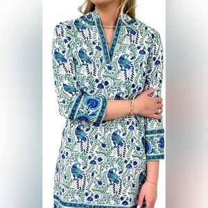 LIZA BYRD The Brie Cotton Block Print Dress Green Blue Floral Bird Print XL